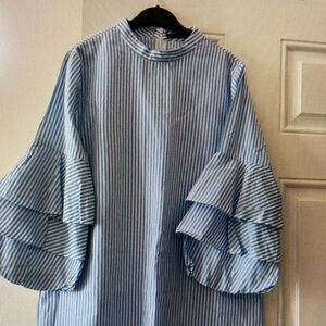 Blue Striped Men's Shirt with Ruffled Sleeves
